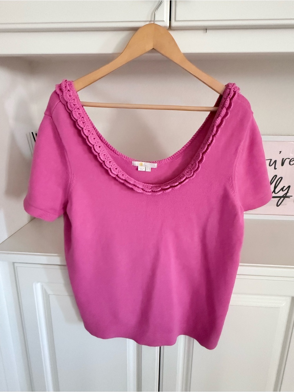 Boden Hot Pink Short Sleeve Scoop Neck Top with Crochet Trim